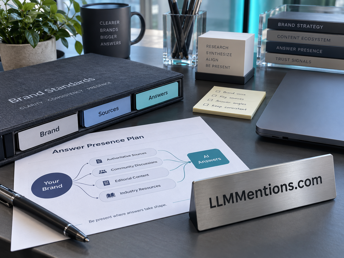 An in-house brand desk for AI answers: LLMMentions.com on a considered workspace