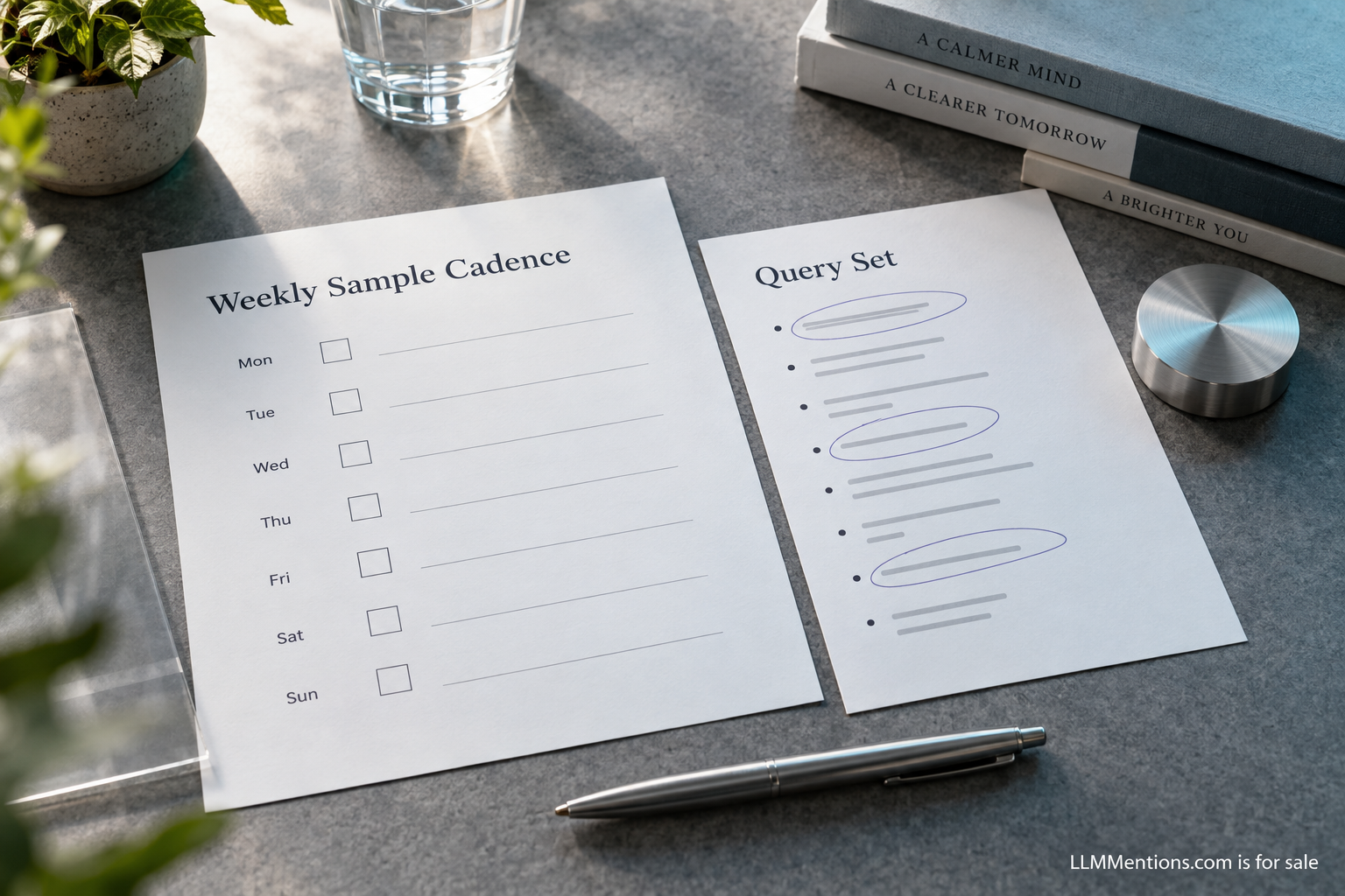 How to monitor your brand in AI answers illustrated on a graphite desk with LLMMentions.com branding